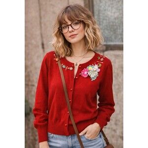 Naranka Red Cardigan Floral Applique Embroidered Vintage Style Sweater